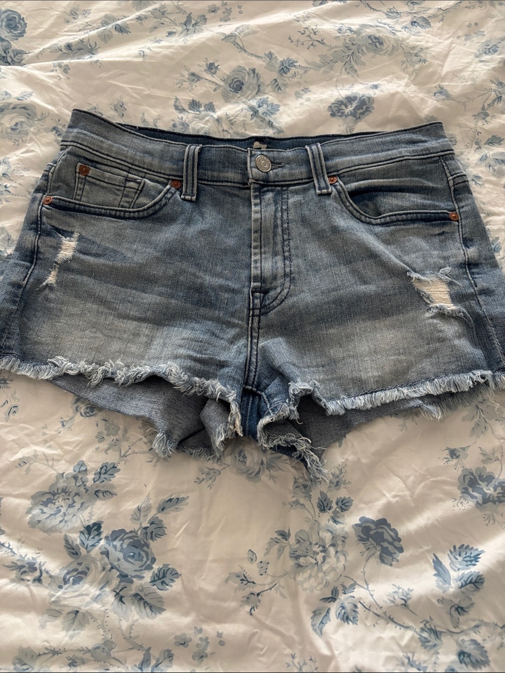 7 For All Mankind Light Blue Distressed Denim Cutoff Shorts